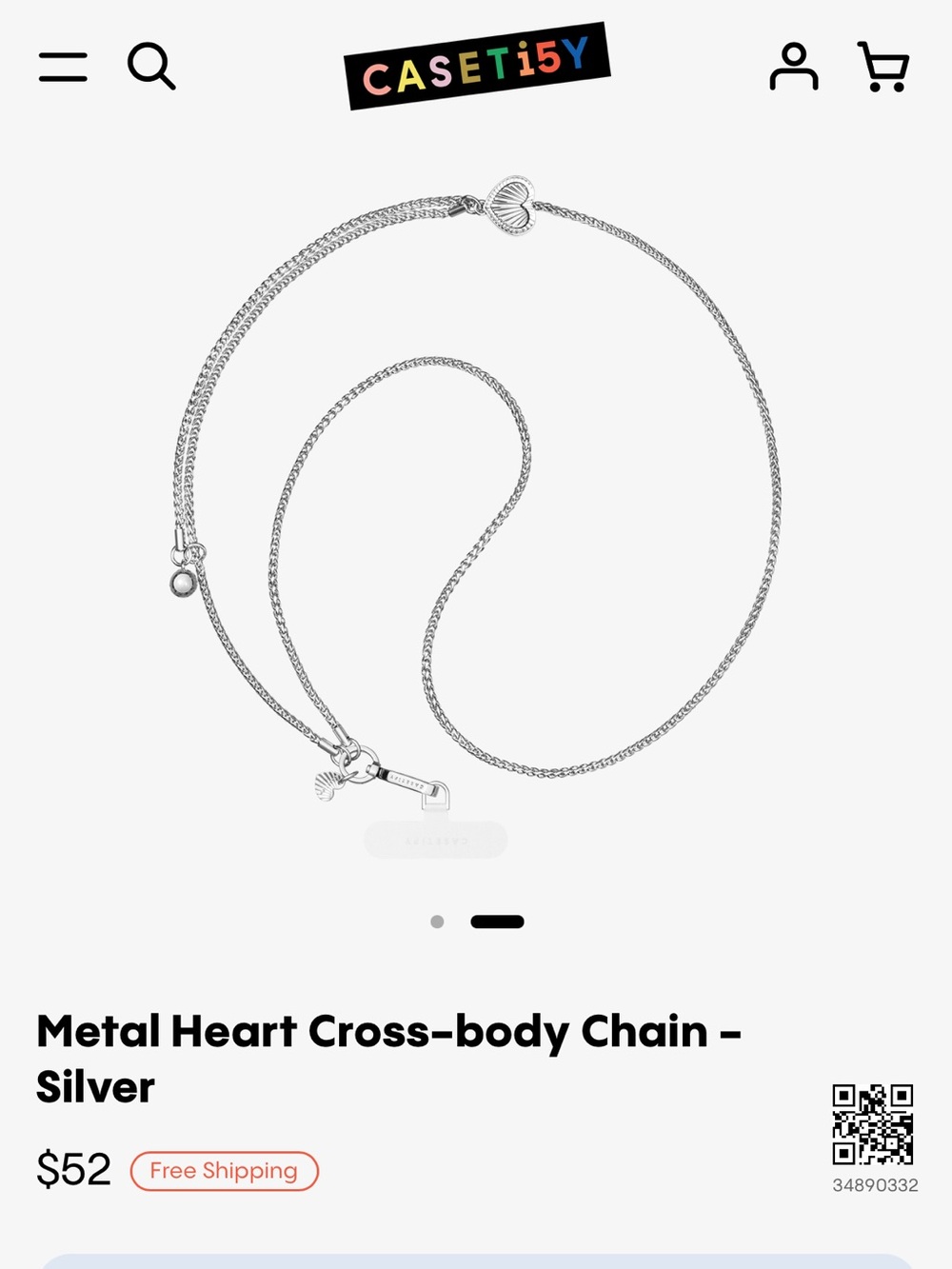 Casetify Silver metal crossbody Chain Neck Strap with Heart Accent
